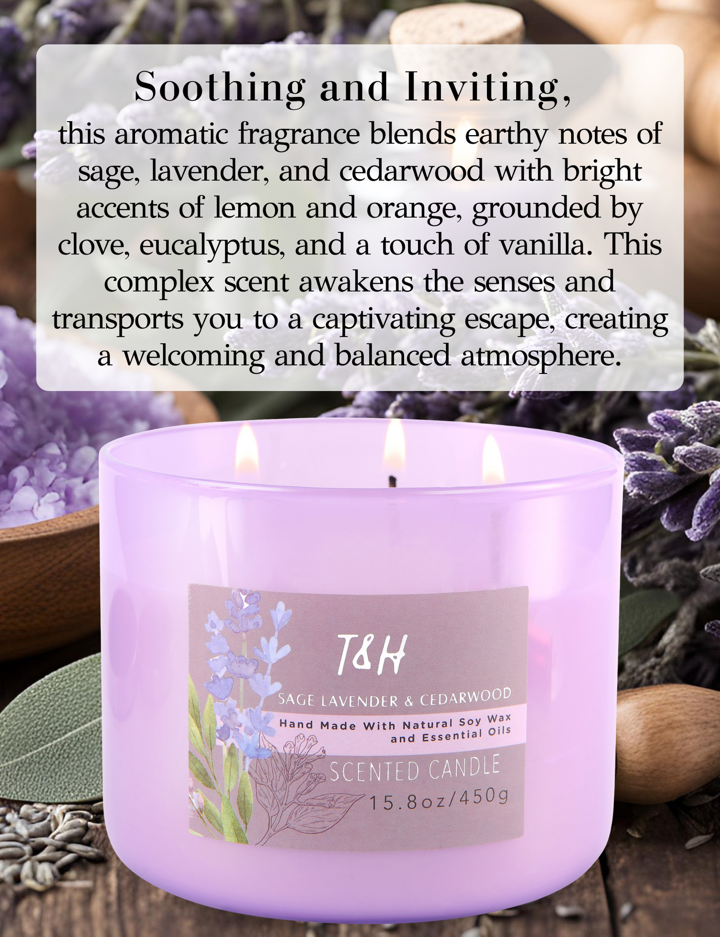 Sage Lavender Cedarwood Soy Candle 3-Wick