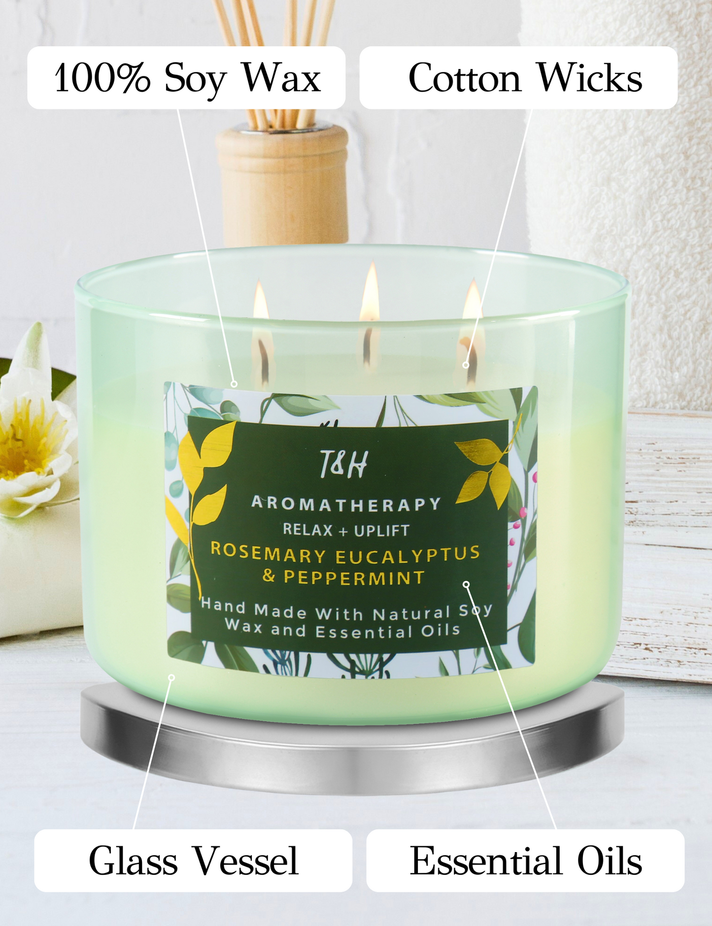 Rosemary Eucalyptus Peppermint Soy Candle 3-Wick