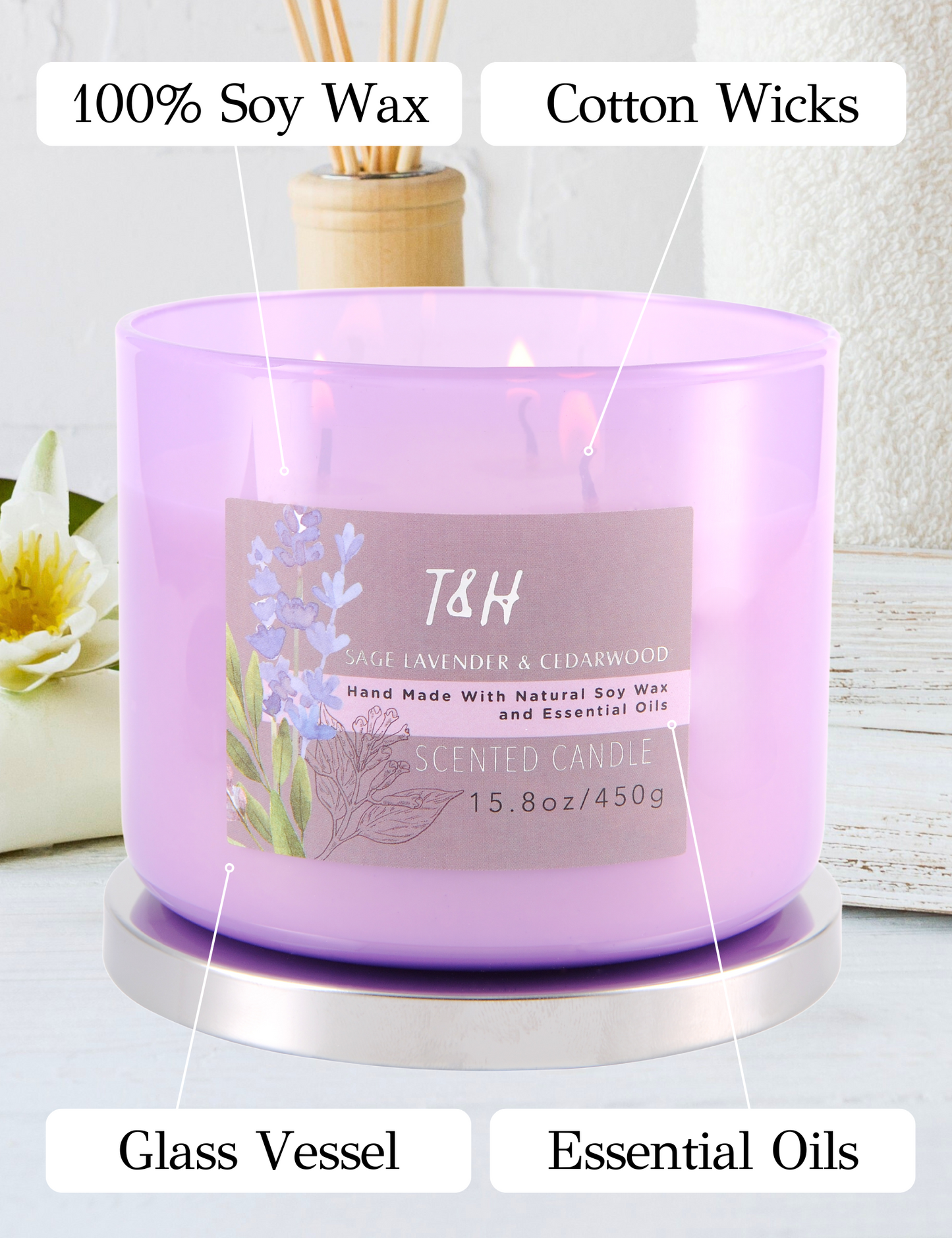 Sage Lavender Cedarwood Soy Candle 3-Wick