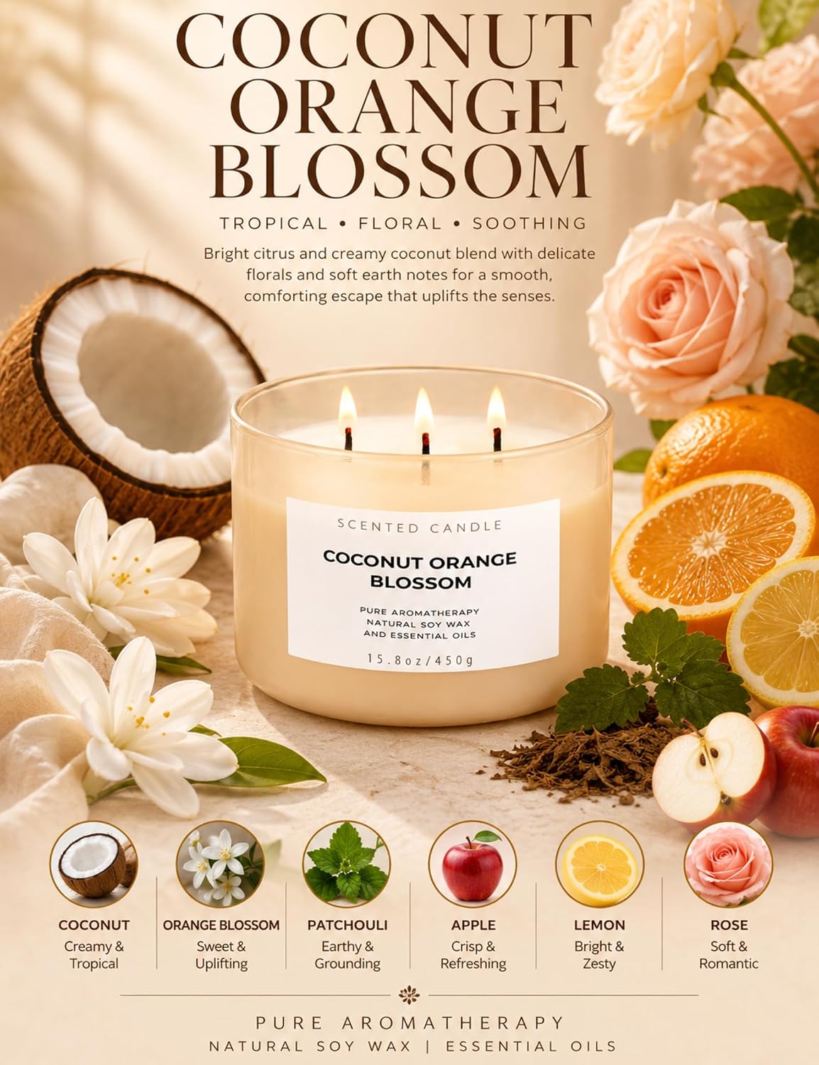 Coconut Orange Blossom Soy Candle | 3-Wick