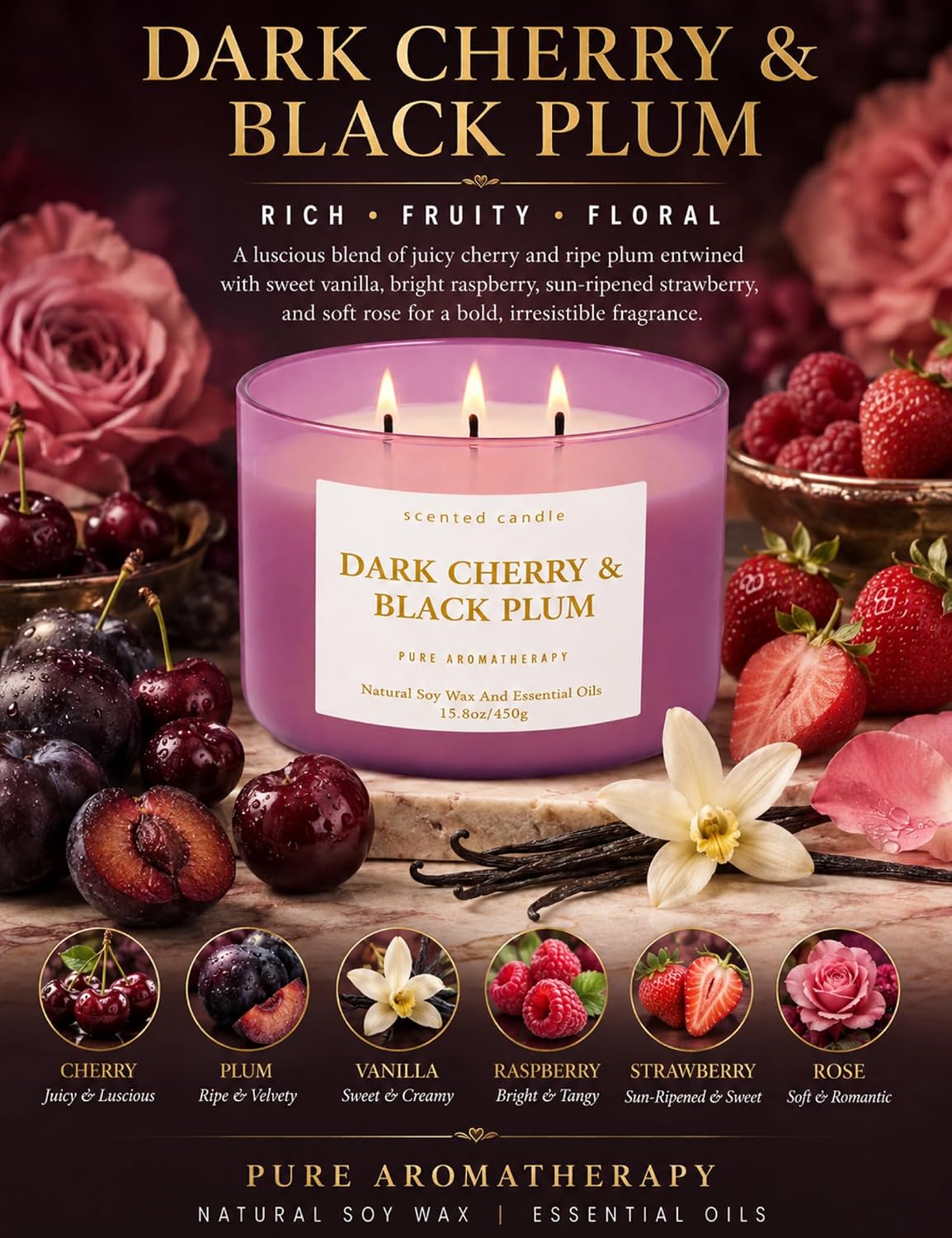 Dark Cherry Black Plum Soy Candle | 3-Wick