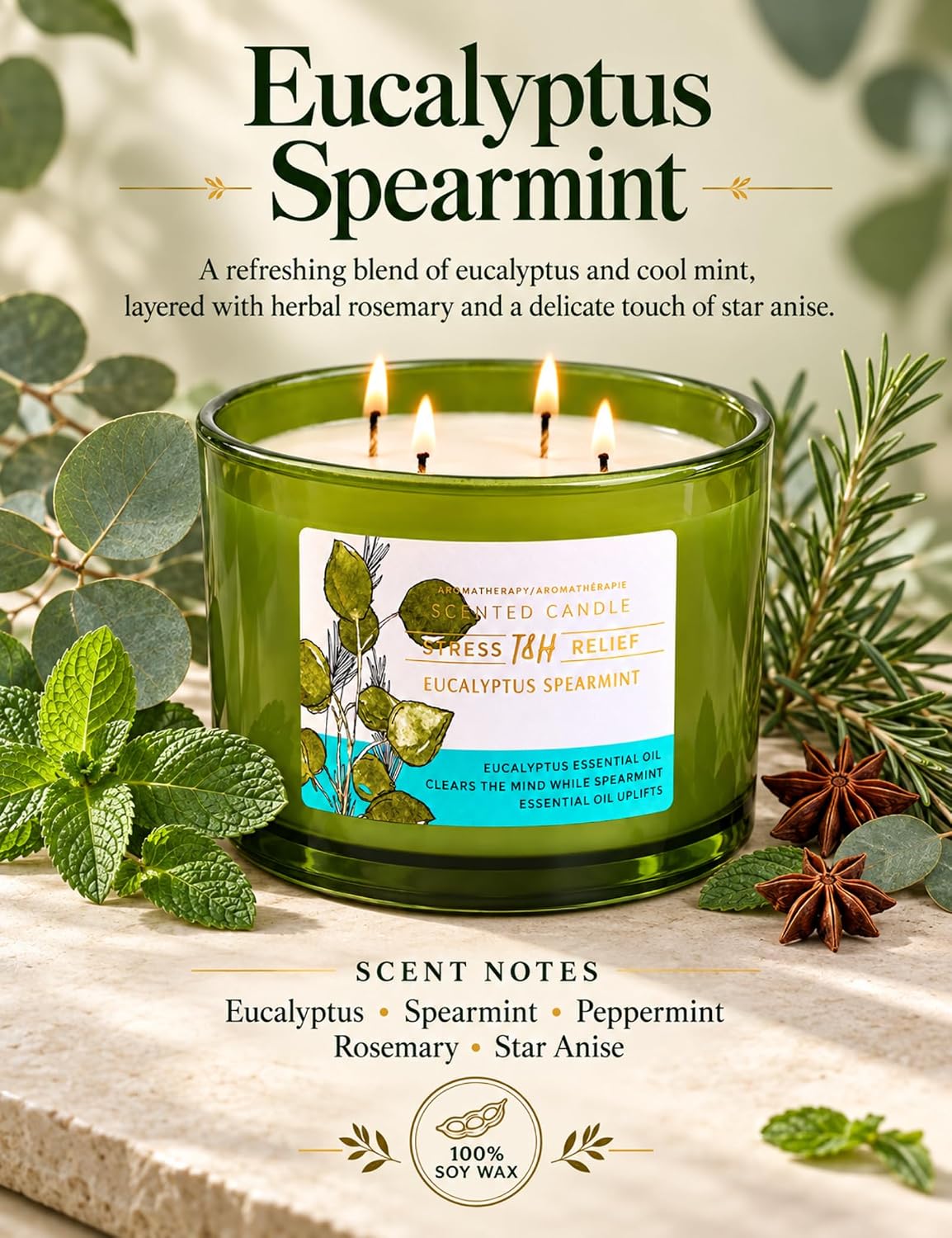 Eucalyptus Spearmint Soy Candle | 4-Wick