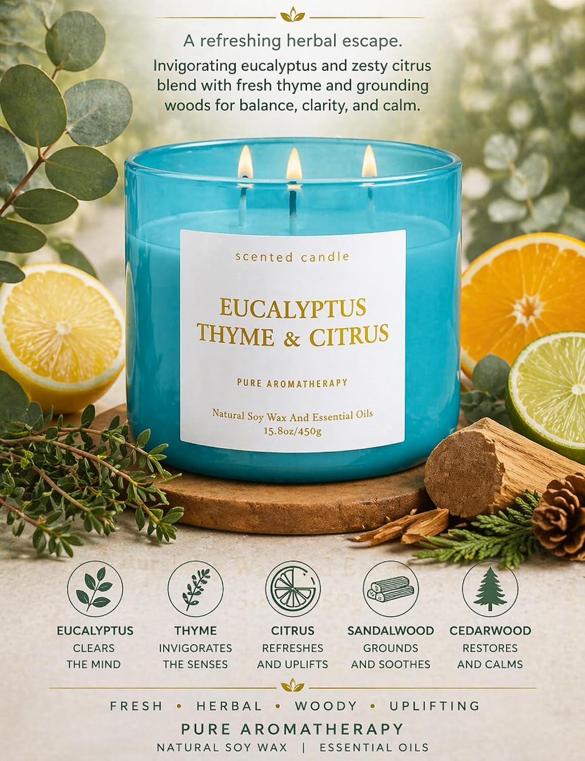 Eucalyptus Thyme Citrus Soy Candle | 3-Wick