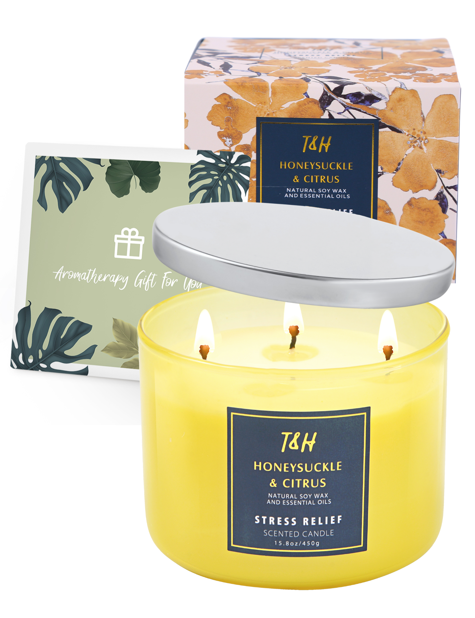 Honeysuckle and Citrus Scented Candle 3-Wick Aromatherapy Soy