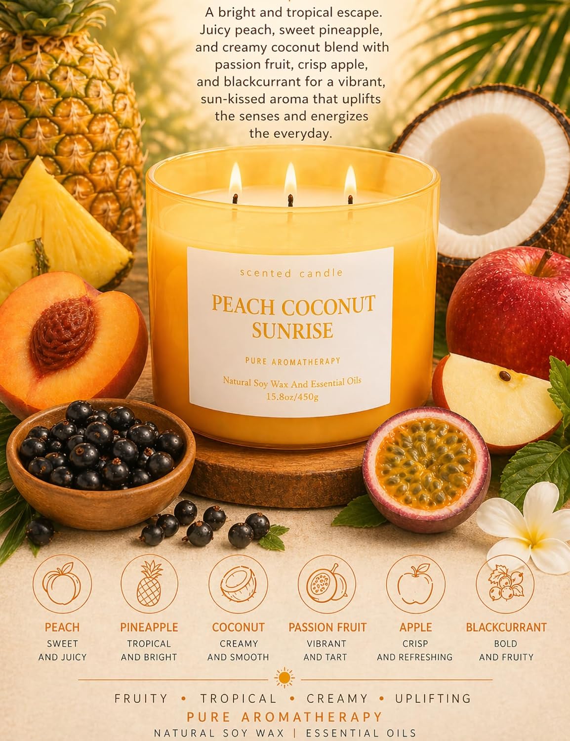 Peach Coconut Sunrise Soy Candle | 3-Wick