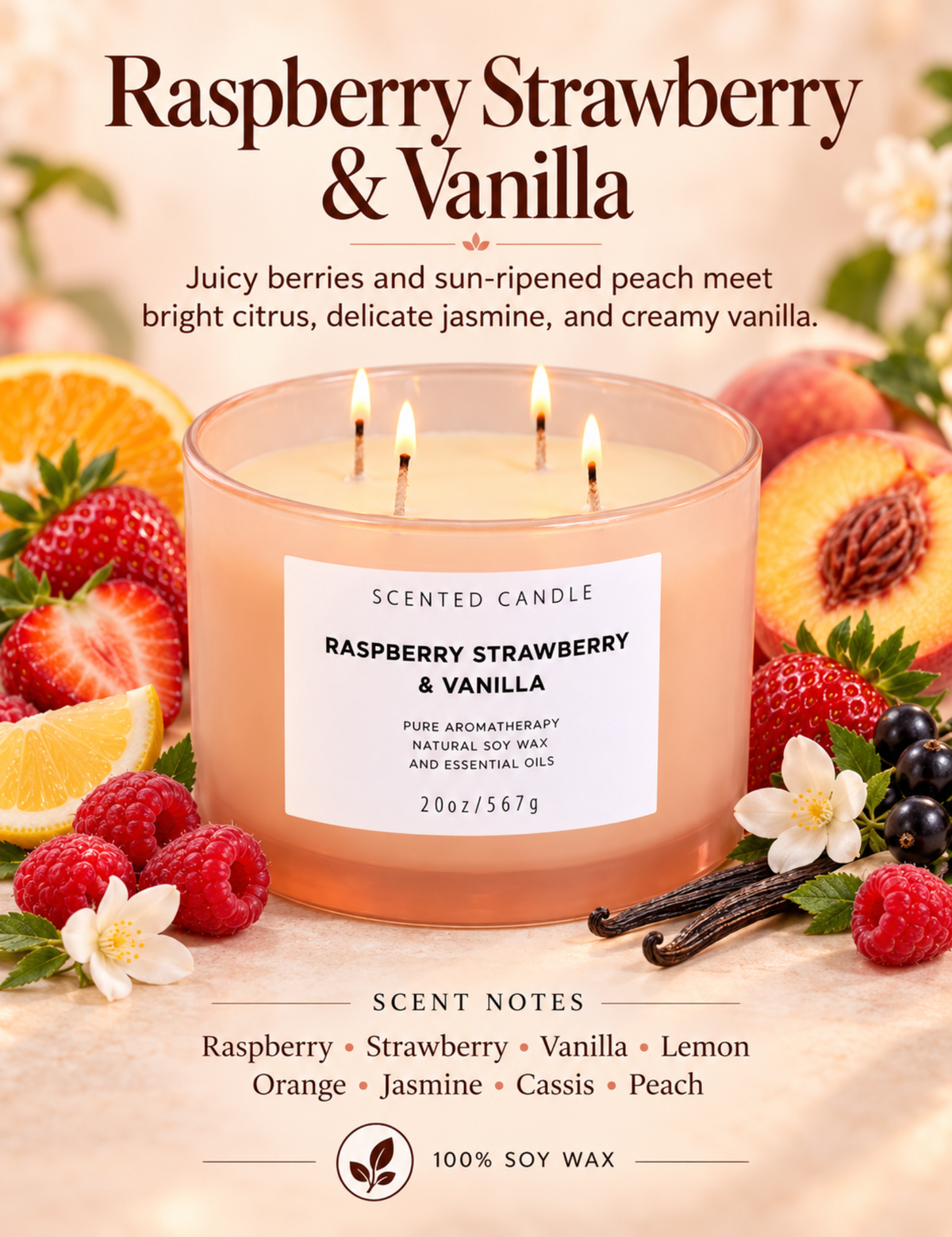 Raspberry Strawberry Vanilla Soy Candle | 4-Wick