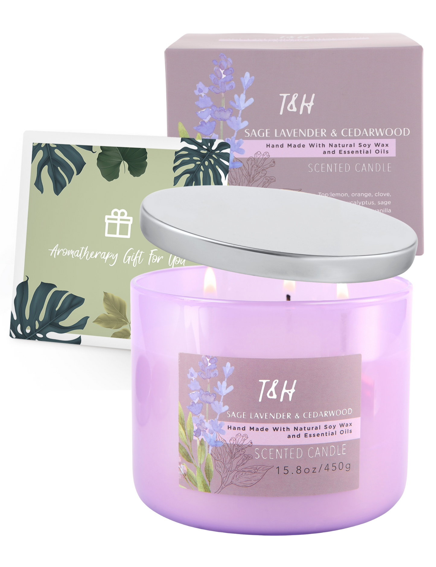 Sage Lavender & Cedarwood Scented Soy Candle 3-Wick