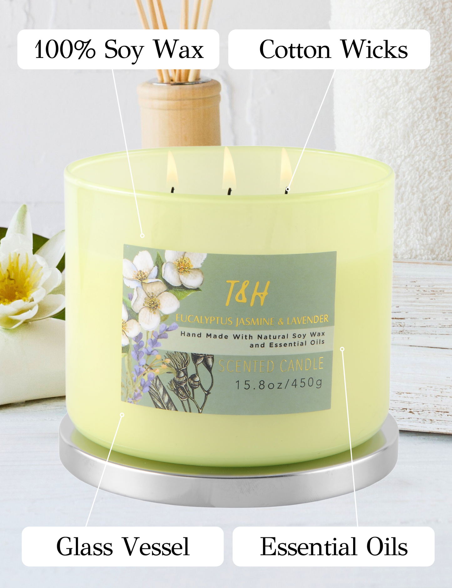Eucalyptus Jasmine Lavender Soy Candle 3-Wick