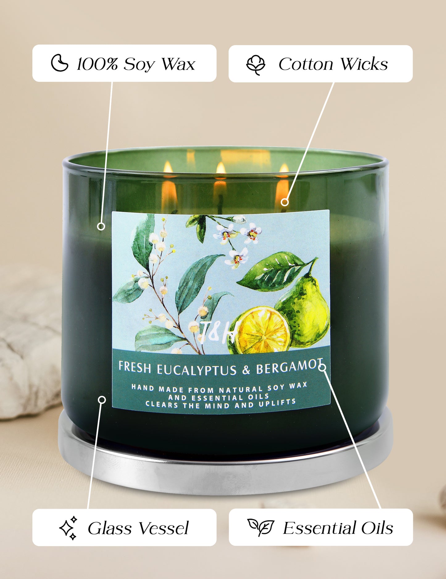 Fresh Eucalyptus Bergamot Soy Candle 3-Wick