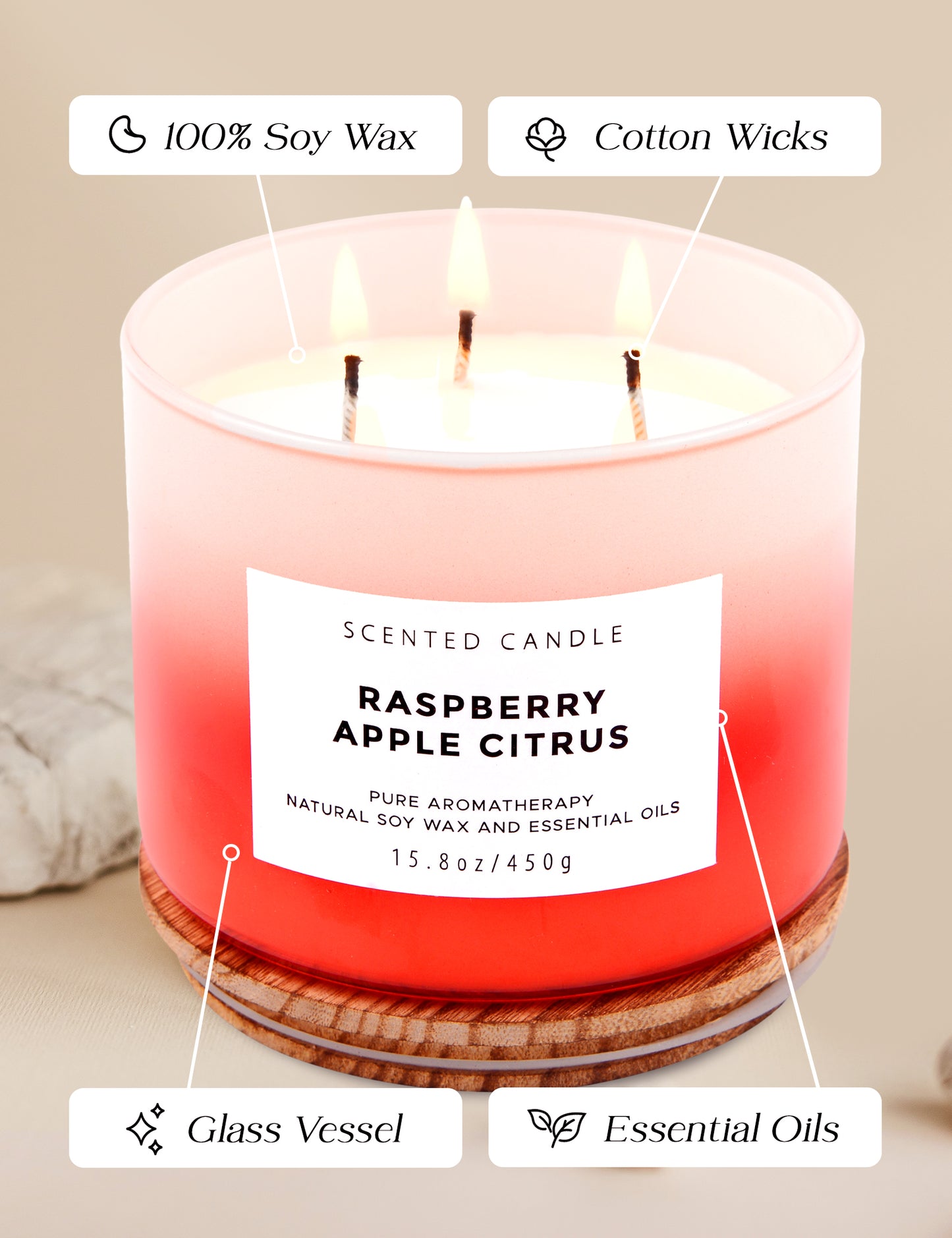Raspberry Apple Citrus Scented Soy Candle 3-Wick